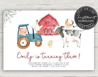 Farm birthday invitation digital | Barnyard birthday invitation | INSTANT DOWNLOAD | Editable printable invitation | A101