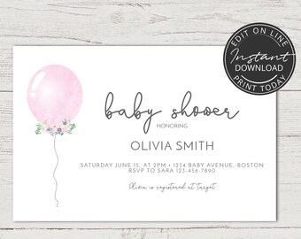 Pink Balloon Baby shower invitation INSTANT DOWNLOAD | Editable invitation | Baby Shower invitation girl | Ready to pop