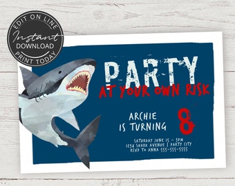 May include: A blue and white shark illustration with an open mouth and sharp teeth. The text "PARTY AT YOUR OWN RISK" is above the shark. The text "ARCHIE IS TURNING 8" is below the shark. The text "SATURDAY JUNE 15 - 3PM 1234 SHARK AVENUE | PARTY CITY RSVP TO ANNA 555-555-5555" is below the text "ARCHIE IS TURNING 8".