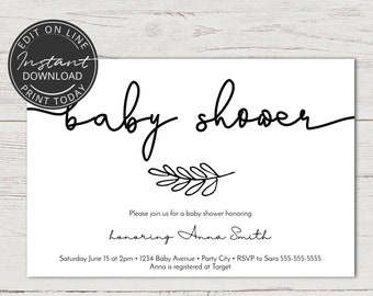 Baby shower invitation gender neutral | Editable template | INSTANT DOWNLOAD | Black & White | Simple and modern