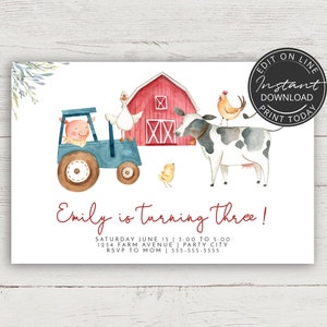 Invitation anniversaire ferme | Invitation à imprimer | Animaux de la ferme | Anniversaire 2 ans, 3 ans, 4 ans | A101