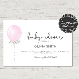 Pink Balloon Baby shower invitation INSTANT DOWNLOAD | Editable invitation | Baby Shower invitation girl | Ready to pop