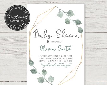Baby shower invitation | Greenery Baby Shower invite | Editable template | INSTANT DOWNLOAD | Eucalyptus | Gold