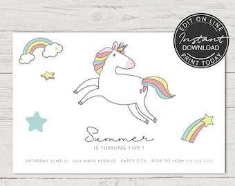 Unicorn invitation instant download | Unicorn party printables | Unicorn birthday | Editable invitation