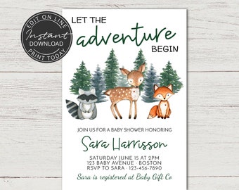 May include: A baby shower invitation with a woodland theme. The invitation features a deer, a raccoon, and a fox in a forest setting. The text on the invitation reads "Let the adventure begin." and includes the name "Sara Harrisson" and the details of the baby shower.