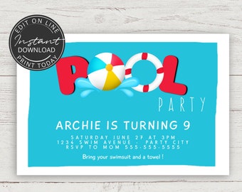 Pool birthday party invitation | INSTANT DOWNLOAD | Swimming birthday | Pool party