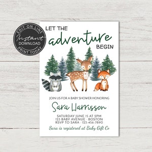 The adventure begins baby shower invitation Woodland wild animals Adventure awaits INSTANT DOWNLOAD Editable invite | A106