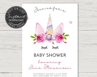 Può includere: Un invito a una baby shower con un'illustrazione di unicorno rosa e viola, fiori e il testo "Join us for a Baby Shower honoring June Stevenson". L'invito include la data, l'ora, il luogo e le informazioni RSVP.