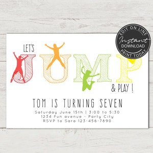 Invitation Trampoline | Invitation modifiable à imprimer | Invitation anniversaire garçon | 8 ans, 9 ans, 10 ans | anniversaire ado