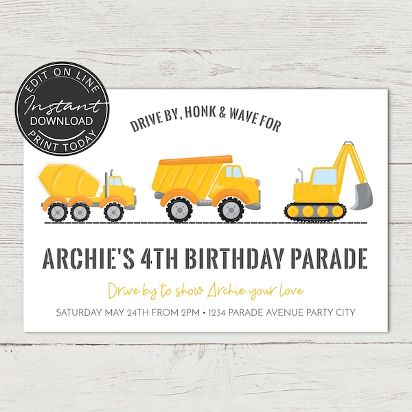 Drive By Birthday Parade Invitation, Quarantine Birthday Party Invite, Social Distancing Party, Construction invitation
