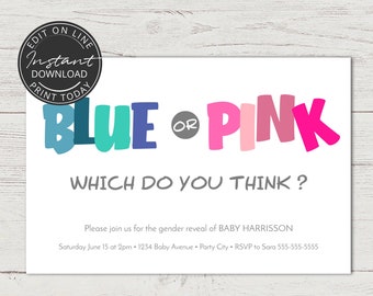 Gender Reveal invitation | INSTANT DOWNLOAD | Editable template | Blue or pink | Boy or Girl