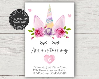 Editable unicorn birthday invitation | Instant download | Unicorn party printables | A104