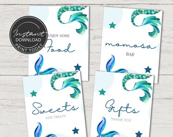 May include: Four printable signs with mermaid tails and stars. The signs say "Enjoy Some Food", "Mimosas Bar", "Sweets and Treats", and "Gifts Thank You".