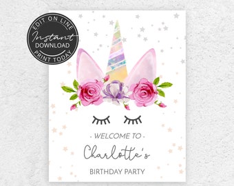 Unicorn birthday decorations | Unicorn party welcome sign | INSTANT DOWNLOAD | 8x10 and 16x20 sizes | A104