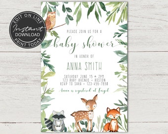 Op de afbeelding: Een baby shower uitnodiging met een aquarel achtergrond van groene bladeren en takken. De uitnodiging toont een uil, een hert, een wasbeer en een vos. De tekst luidt: "U bent van harte uitgenodigd voor een baby shower ter ere van Anna Smith. Zaterdag 15 juni om 14:00 uur. 123 Baby Avenue, Boston. RSVP aan Sara 123-456-7890. Anna is geregistreerd bij Target."