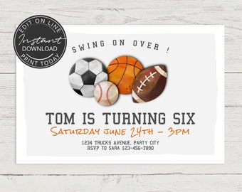 Sports birthday invitation INSTANT DOWNLOAD | Baseball, Football, Basketball | Printable & editable invitation | A107