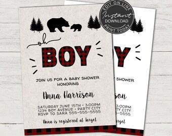 Bear baby shower invitation INSTANT DOWNLOAD | Lumberjack Baby Shower Invitation | Editable invitation template