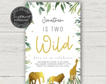 Two Wild birthday invitation boy | 2nd birthday invitation | DIGITAL DOWNLOAD | Safari Gold animals | A102
