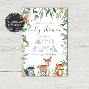 Babyshoweruitnodiging om af te drukken | Dierenbabyshower | Bosdieren | Vos, hinde, uil, hert | A106