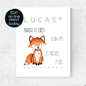 Nursery decor, nursery print, woodland nursery decor, baby gift, birth stats print, fox print