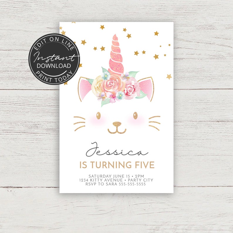 Cat Birthday Invitation | Unicorn Invitation Instant Download ...