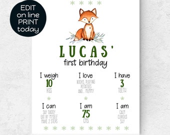 May include: A printable first birthday poster featuring a cute cartoon fox with a green leafy border. The poster includes the name "Lucas", the text "first birthday", and details about the child's age, weight, and personality.