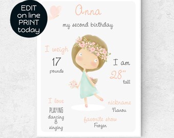 Birthday board sign, printable chalkboard poster, birthday milestone, instant download, girl 2nd birthday