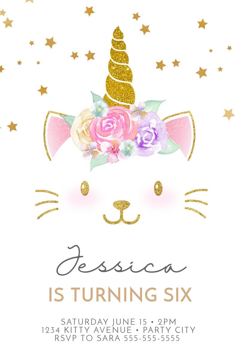 Unicorn Cat birthday invitation Unicorn invitation instant | Etsy