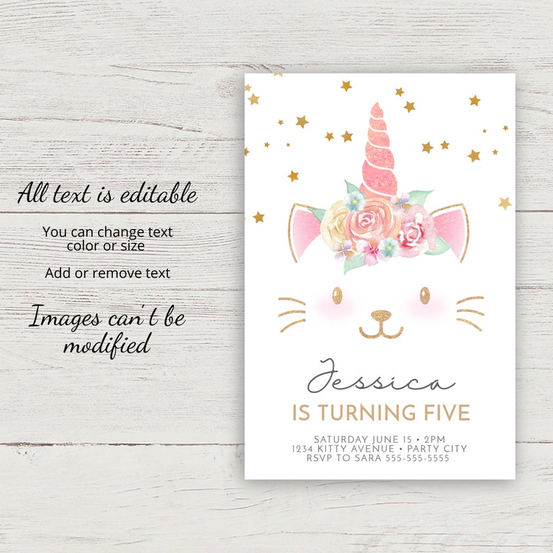Cat Birthday Invitation | Unicorn Invitation Instant Download ...