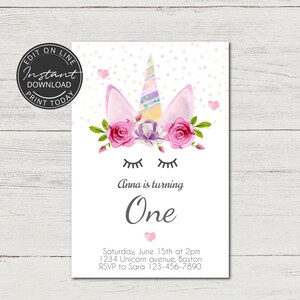 Unicorn first birthday invitation | INSTANT DOWNLOAD | Unicorn party printables | Unicorn invitation | A104