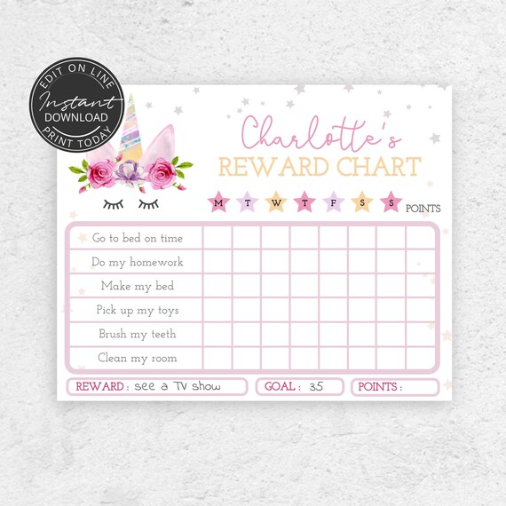 Unicorn Reward Chart For Girls Chores Chart For Kids - Etsy