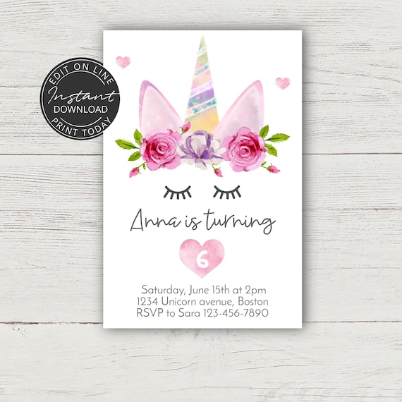 Editable Unicorn Birthday Invitation Instant Download Etsy