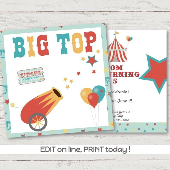 Invitation Anniversaire Cirque A Imprimer Pour Garcon Ou Etsy