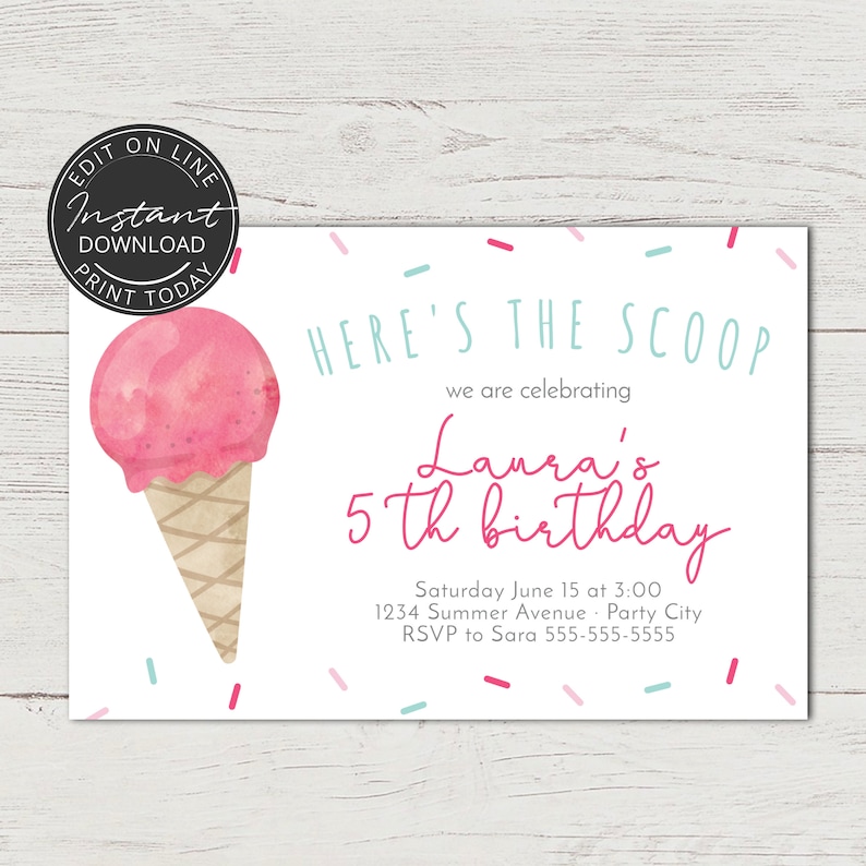 Ice Cream Party Invitation Editable Birthday Template Etsy New Zealand