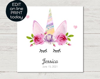 Unicorn birth announcement card, announcement with photo, girl birth announcement, printable birth card