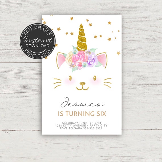 Unicorn Cat Birthday Invitation Unicorn Invitation Instant Etsy Unicorn Cat Birthday Invitation Unicorn Invitation Instant Etsy