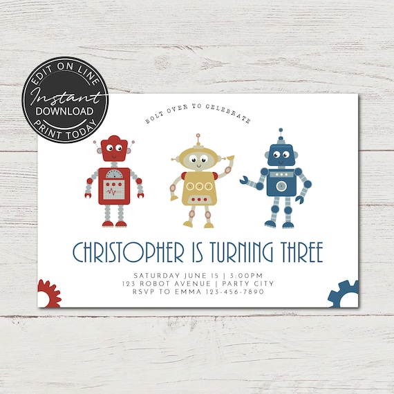 Invitation Anniversaire Robot Invitation Editable A Imprimer Etsy