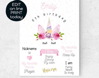 May include: A pink and white printable birthday card featuring a unicorn illustration and the text "Emily 5th birthday". The card includes sections for the child's nickname, favourite movie, favourite book, what they love, and what they are like.