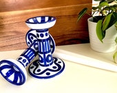 DANSK ARABESQUE Porcelain 6 1 2 Inch Candle Holders, Designed by NEILS Refsgaard, Cobalt and White, Hand Painted, Mid Century