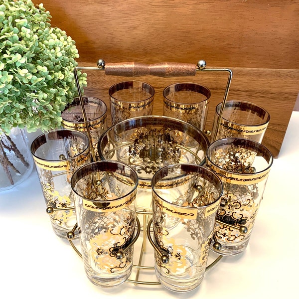 Utd Glass Signed 10 Piece Glass Tumbler Ice Bucket Caddy Carrier, United Glassware Drinks Caddy, 8 glasses, 1 Ice Bucket & 1 Metal Caddy