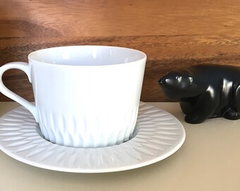 ONE Set of FOUR White on White Block SPAL of Portugal, Porcelain Flat Cup and Saucer, Azores, 1982 -1985, Two Sets Available