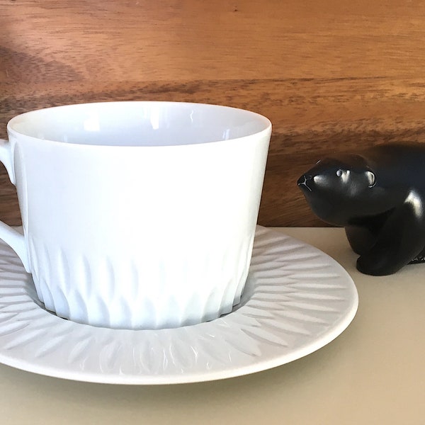 ONE Set of FOUR White on White Block SPAL of Portugal, Porcelain Flat Cup and Saucer, Azores, 1982 -1985, Two Sets Available