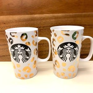 PAIR of Starbucks Gold Kisses 16 oz Coffee Mugs, 5.25&quot; Tall, Starbucks Mermaid Latte Cup
