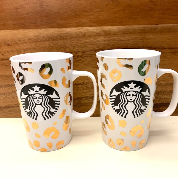 PAIR of Starbucks Gold Kisses 16 oz Coffee Mugs, 5.25" Tall, Starbucks Mermaid Latte Cup