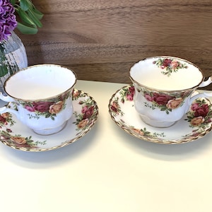 PAIR of 1960&#39;s Royal Albert Old Country Roses 2 3/4&quot; Footed Cup and Saucer SETS, Bone China, Made in England, Tea Party