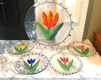 Kosta Boda TULIPA 13" Platter AND Four 7" Salad Plates, Ulrica Vallien, Sweden, 1990's