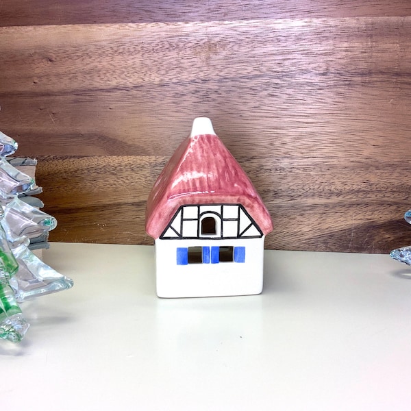 LEYK Lichthaus Ceramic Tea Light House, Badisches Haus (Baden House), Pink Roof with Blue Windows, Ursula Leyk, Made in Germany, 1990's