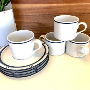 SET of SIX DANSK Bistro Fredriksborg Blue Danish Modern 2 5/8&quot; Cups & Saucers, Blue Dots, Niels Refsgaard