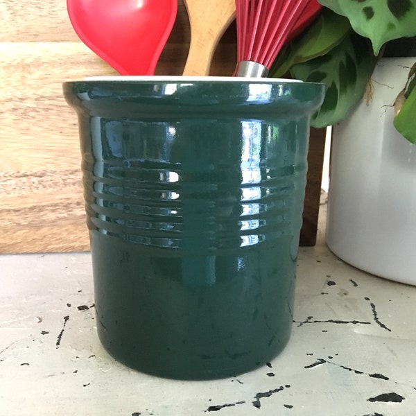 Vintage groene kruik met voering voor keukengerei, Family Heritage Stoneware USA, verwende chef-kok
