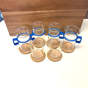 Set of FOUR Blue Handled 10 oz Bodum Tea or Coffee Cups Plus Four Cork Coasters, Creamer and Sugar, Luc Picard
